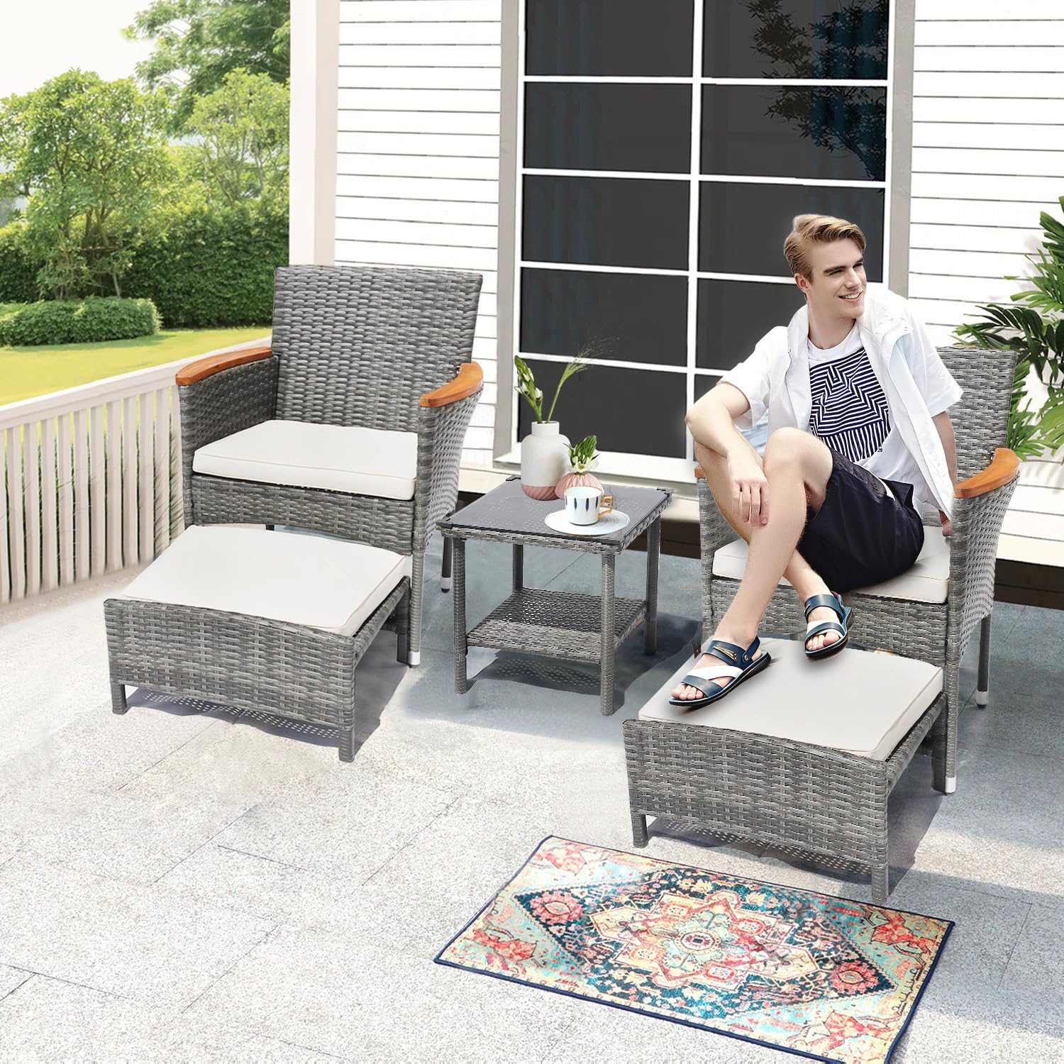 5 Piece Outdoor Patio Furniture Set with Table&Ottoman Outdoor Furniture Patio Set Bistro Wicker Patio Set of 2 Outside Lawn Chairs Conversation Sets for Porch Balcony Deck(Gray Wicker&Beige  - WoodArtSupply