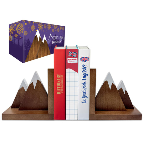 Decorably Dark Walnut Mountain Book Ends for Kids - 1 Set Non-Skid Wooden Bookends for Shelves, Book Ends Decorative Decorably