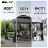 Sunjoy Hardtop Gazebo 10 x 12 ft. Outdoor Patio Aluminum Frame Gazebo with Solar Panel, 2-Tier Steel Hardtop Backyard Gazebo with Netting and Ceiling Hook, Black Sunjoy
