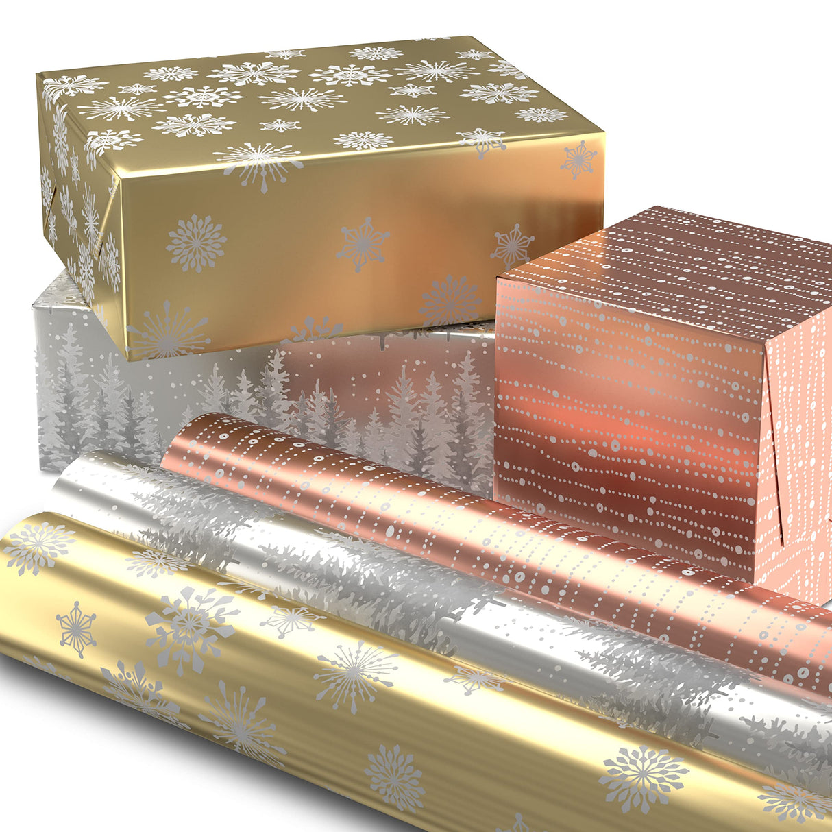 Hallmark Foil Wrapping Paper with Cut Lines on Reverse (3 Rolls: 60 Sq. Ft. Ttl) Rose Gold, Silver Trees, Gold Snowflakes for Winter Weddings, Graduations, Valentine's Day Hallmark