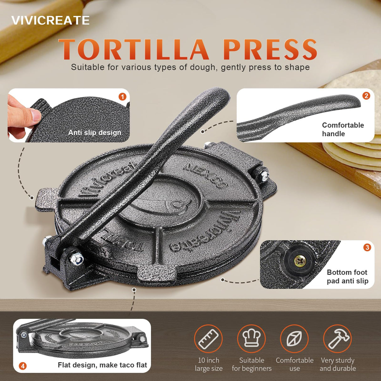 Vivicreate Tortilla Press,Tortilla Maker, Dough Press,Flour Tortilla press, Rotis Press, Quesadilla,Tortilla Makers (7.5 inch) vivicreate