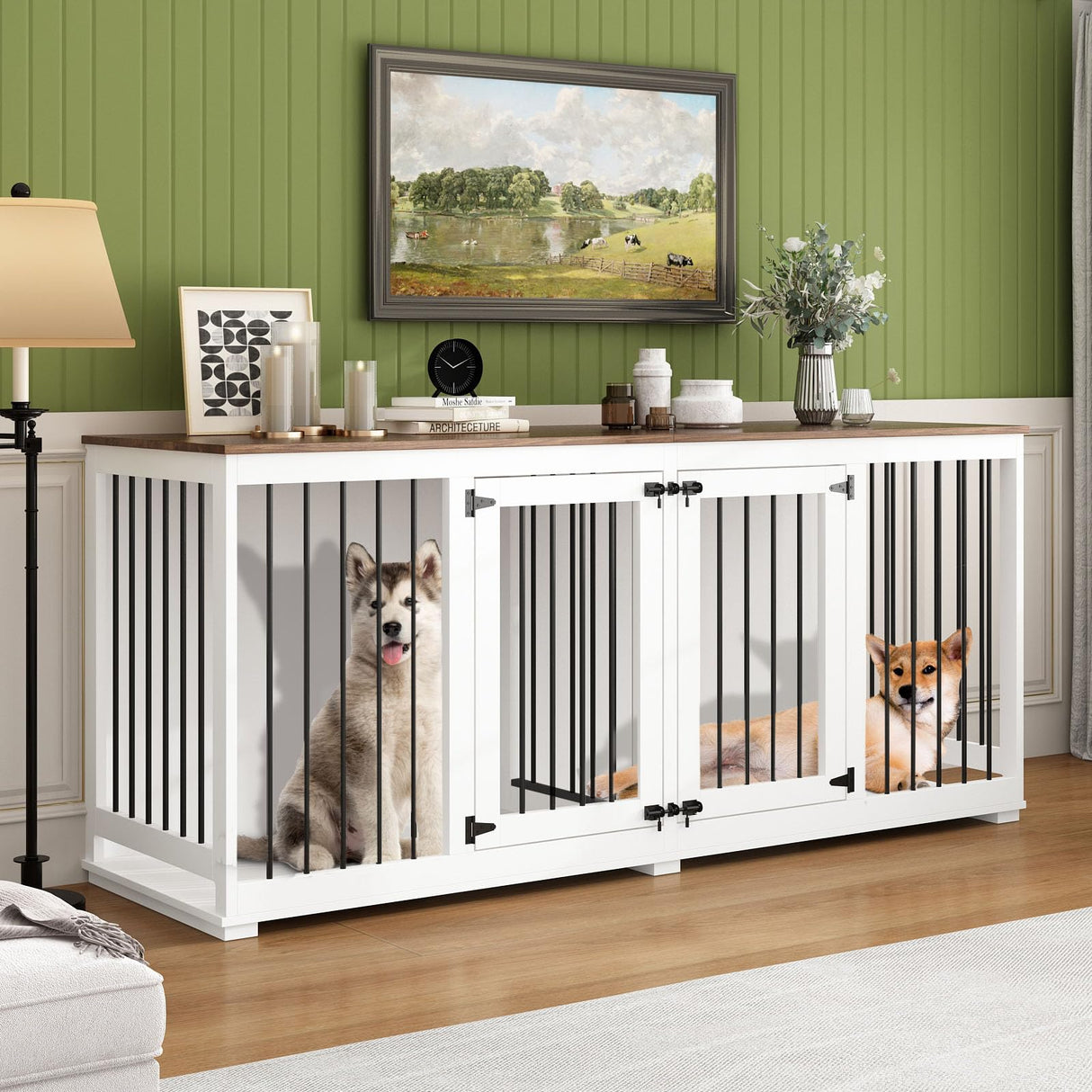 DAWNSPACES Double Dog Crates Furniture for Large Dogs, 71" Heavy Duty Wooden Large Dog Kennel with Removable Divider for 2 Dogs, Indoor Furniture Style Dog Crate House TV Stand, White DAWNSPACES