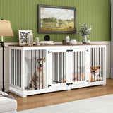 DAWNSPACES Double Dog Crates Furniture for Large Dogs, 71" Heavy Duty Wooden Large Dog Kennel with Removable Divider for 2 Dogs, Indoor Furniture Style Dog Crate House TV Stand, White DAWNSPACES