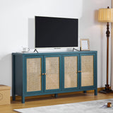 QHITTY Sideboard Buffet Cabinet, Rattan Accent Cabinet Storage Cabinet Console Table with 4 Doors and Adjustable Shelves for Kitchen, Dining Room, Living Room, Hallway (Blue) QHITTY