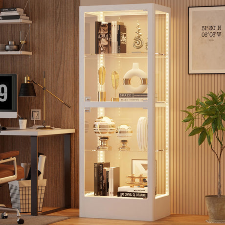 Desirable Life Glass Display Cabinet with 13-Color Light, 63" 4-Tier Curio Cabinet with 2 Glass Doors & Lock, Lighted Display Case with Adjustable Shelves for Collectibles Figures Trophy (White) Desirable Life