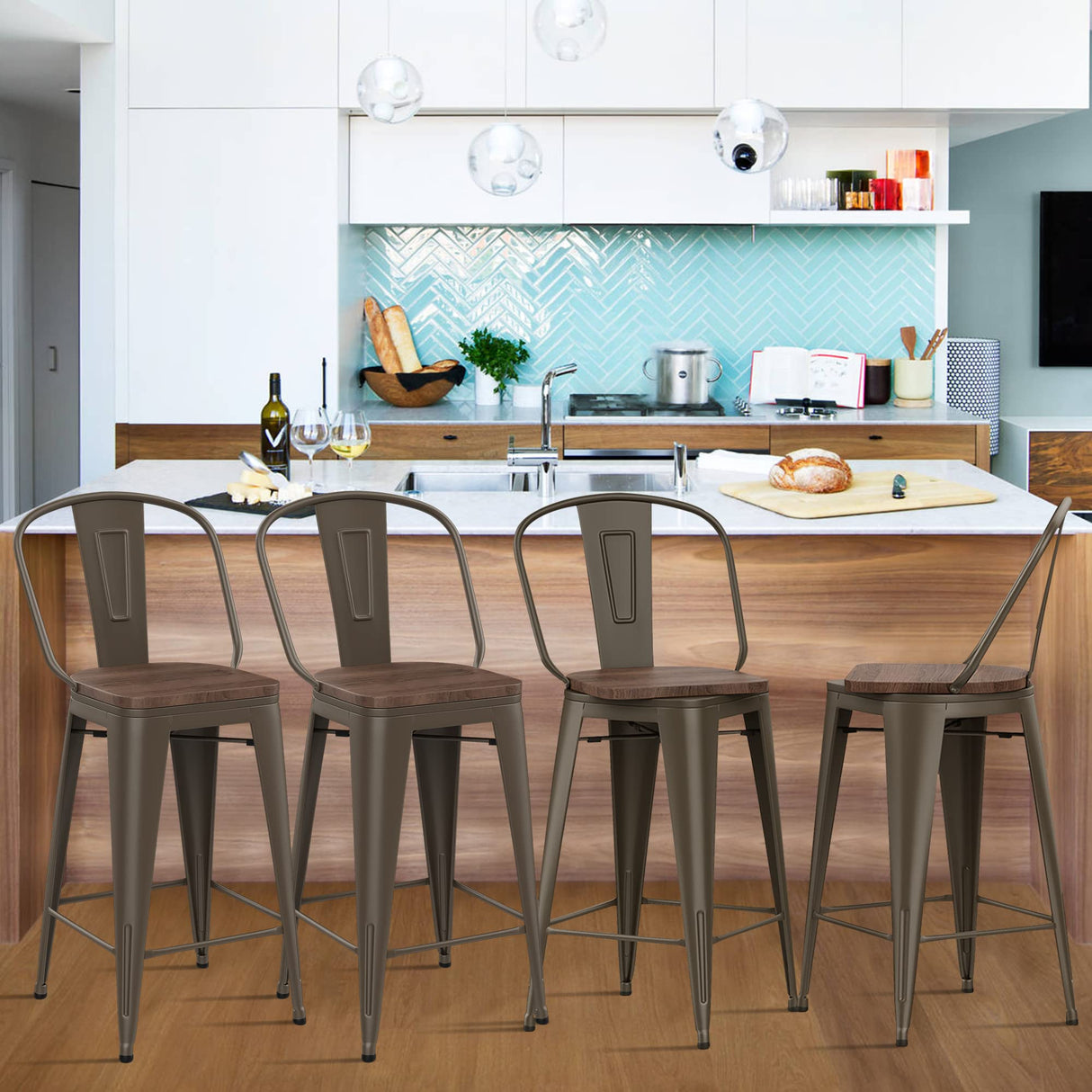 Alunaune 24" Swivel Metal Counter Height Bar Stools Set of 4 High Back Industrial Bar Chairs Kitchen Barstools with Large Wooden Seat-Rusty Alunaune