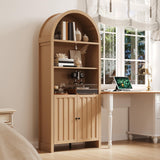 ChooChoo Arched Bookcase with Doors, 3-Tier Farmhouse Bookcase with Adjustable Shelf, Tall Arched Bookshelf for Office, Living Room, Natural ChooChoo