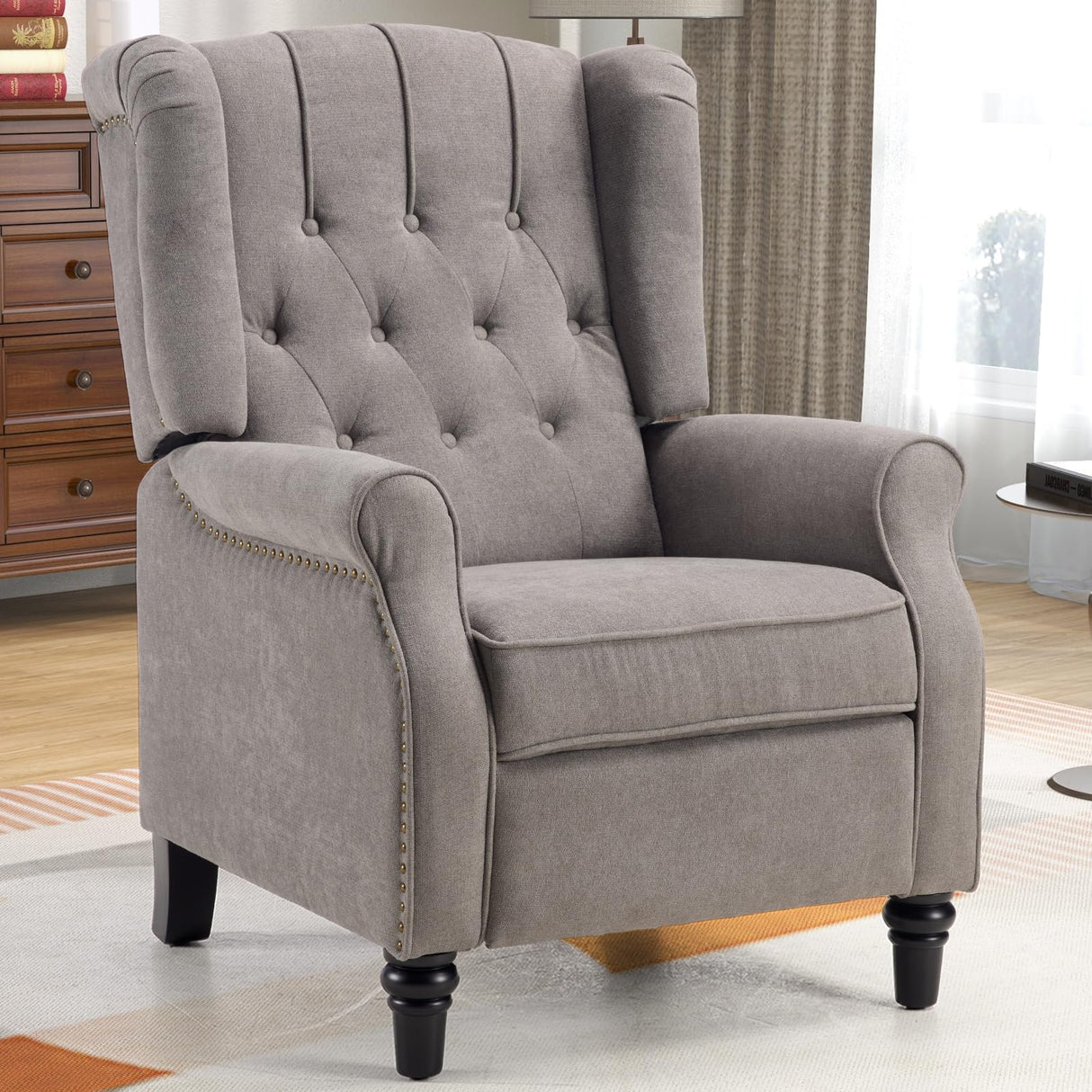 CANMOV Push Back Recliner Chair, Accent Chair,Mid Century Wingback Recliner, Fabric Push Back Recliner Chair Single Armchair Sofa with Rivet Decoration,Button-Tufted Back for Living Room, Grey CANMOV