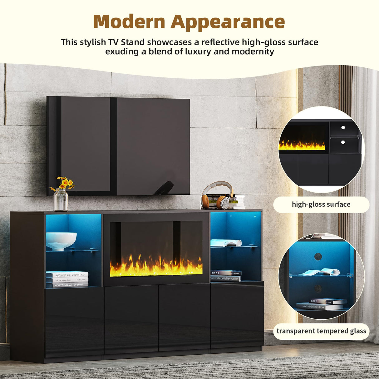 Merax High Gloss TV Stand with 34.2" Non-Heating Electric Fireplace, Modern LED Entertainment Center & Two Tall Pantry Cabinets and Tempered Glass Shelves, Media Console Set for TVs up to 75", Black Merax