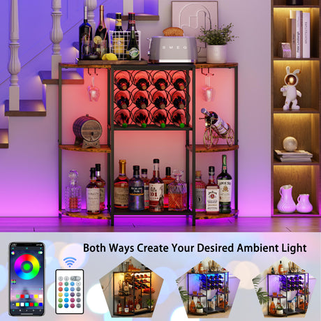 JKsmart Wine Bar Cabinet with LED Lights, Mini Wine Rack with Storage and Glass Holder, Home Mini Bar Cabinet for Liquor, 3-Tier Coffee Bar Storage for Kitchen, Dining Room, Living Room, Rustic Brown JKsmart