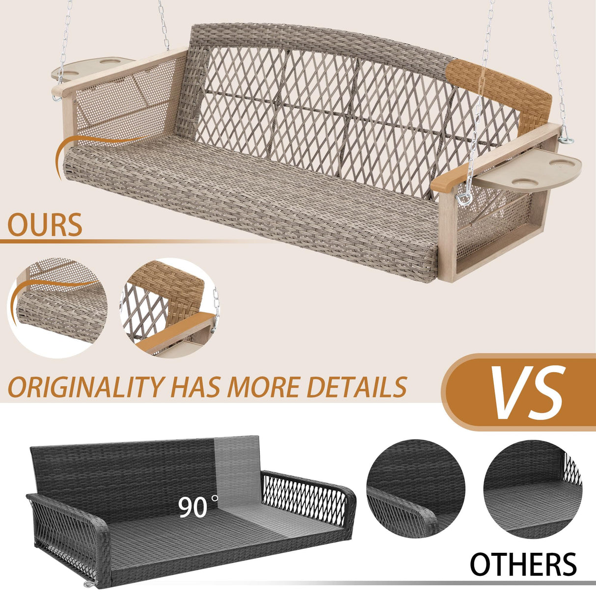 HOMREST 3-Person Porch Swing 55in Wicker Hanging Swing Bench with Cushions Cupholders Swing Chair with Chains 800lbs Capacity for Deck Garden Backyard HOMREST