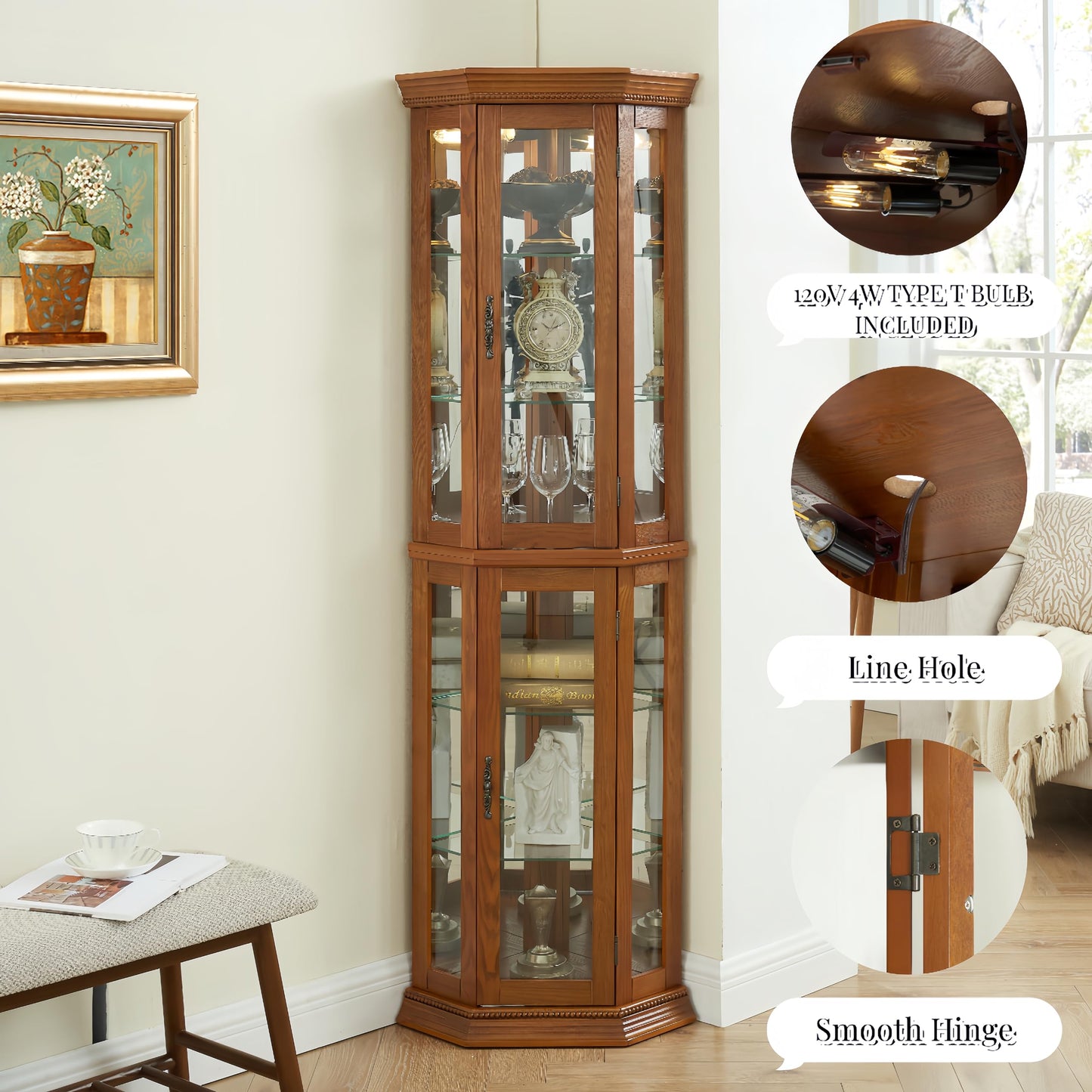 HRVEOCEI Curio Cabinet with Lighted, Display Cabinet with Glass Doors, Corner China Cabinet with Tempered Adjustable Glass Shelves & Carved Decoration (Oak) - WoodArtSupply