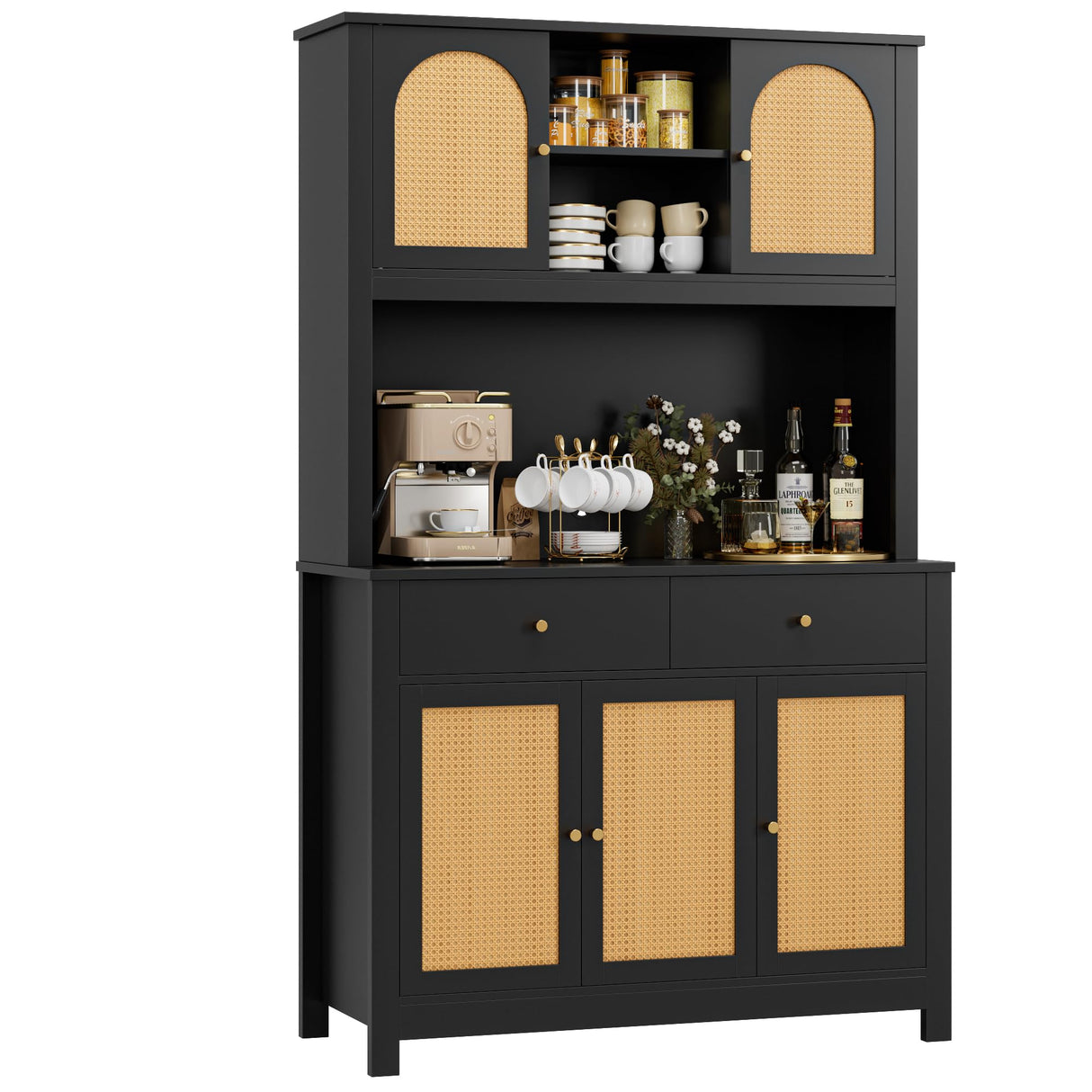 FINETONES 71" Kitchen Pantry Cabinet, Black Pantry Cabinet with Microwave Stand & Charging Hole, Freestanding Kitchen Hutch with Drawers and Adjustable Shelves, Kitchen Rattan Cabinet for Kitchen FINETONES
