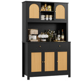 FINETONES 71" Kitchen Pantry Cabinet, Black Pantry Cabinet with Microwave Stand & Charging Hole, Freestanding Kitchen Hutch with Drawers and Adjustable Shelves, Kitchen Rattan Cabinet for Kitchen FINETONES