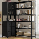 HAUOMS Corner Bookshelf, 6 Tier Industrial Convertible Bookshelf with 6 Fabric Drawers, Corner Bookcase Large L Shaped Storage Display Shelf for Home Office, Living Room, Kitchen, Black HAUOMS