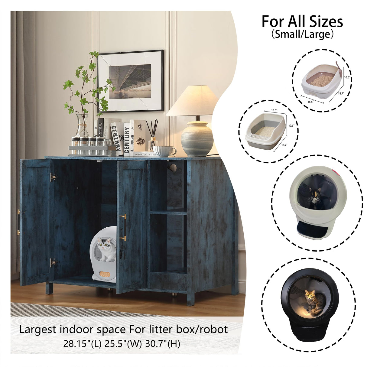 Forest Gravity Cat Litter Robot Enclosure, Enclosure for self-Cleaning Litter Boxes,Adjustable Shelf for Dog Proof and Storage,Charging Station,Locks Added for cat,Large Indoor Cat House,Blue FOREST GRAVITY