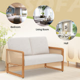 Alunaune Modern Loveseat Bench Couch with Natural Rattan Arm, Upholstered Linen Small Love Seat Sofa 2-Seats Living Room Couch Settee, Comfy Lounge Recliner Chair-Ivory Alunaune
