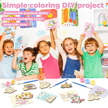 24 Set Unicorn Happy Birthday Party Favors Cards with Wood Painting Crafts Unicorn Coloring Party Supplies Unicorns Wooden Arts and Crafts Tables Centerpieces for Baby Shower Decorations Justforjoyful