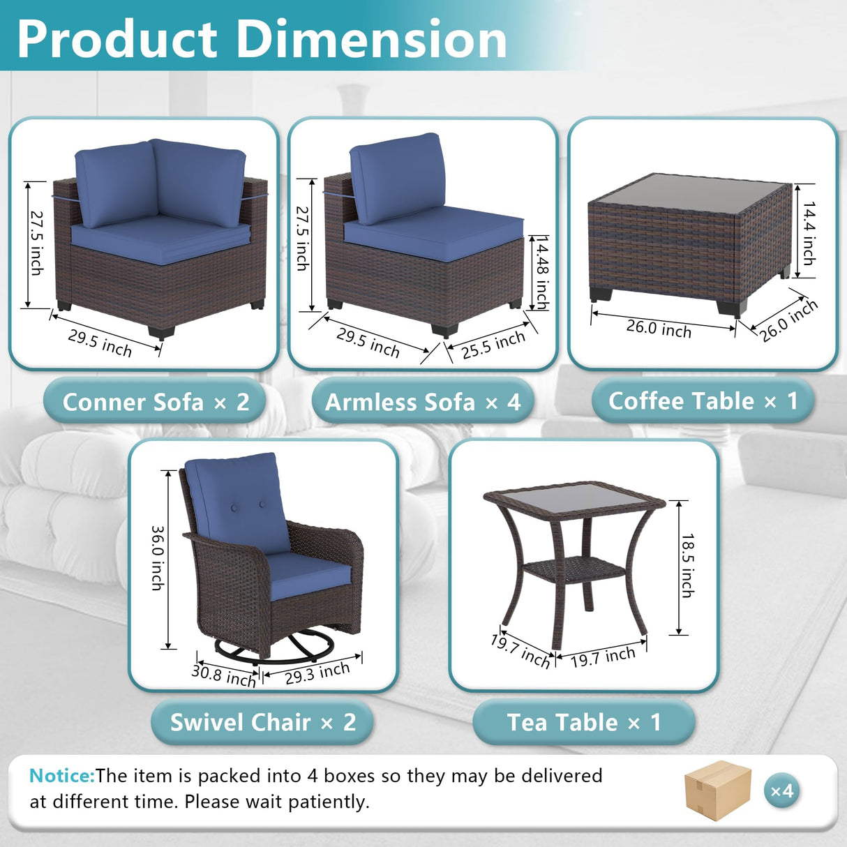 ALAULM 10 Pieces Patio Furniture Set with 2 Swivel Chairs Wicker Patio Conversation Set, Outdoor Sectional Furniture w/Coffee Table & Washable Seat Cushions-Dark Blue ALAULM