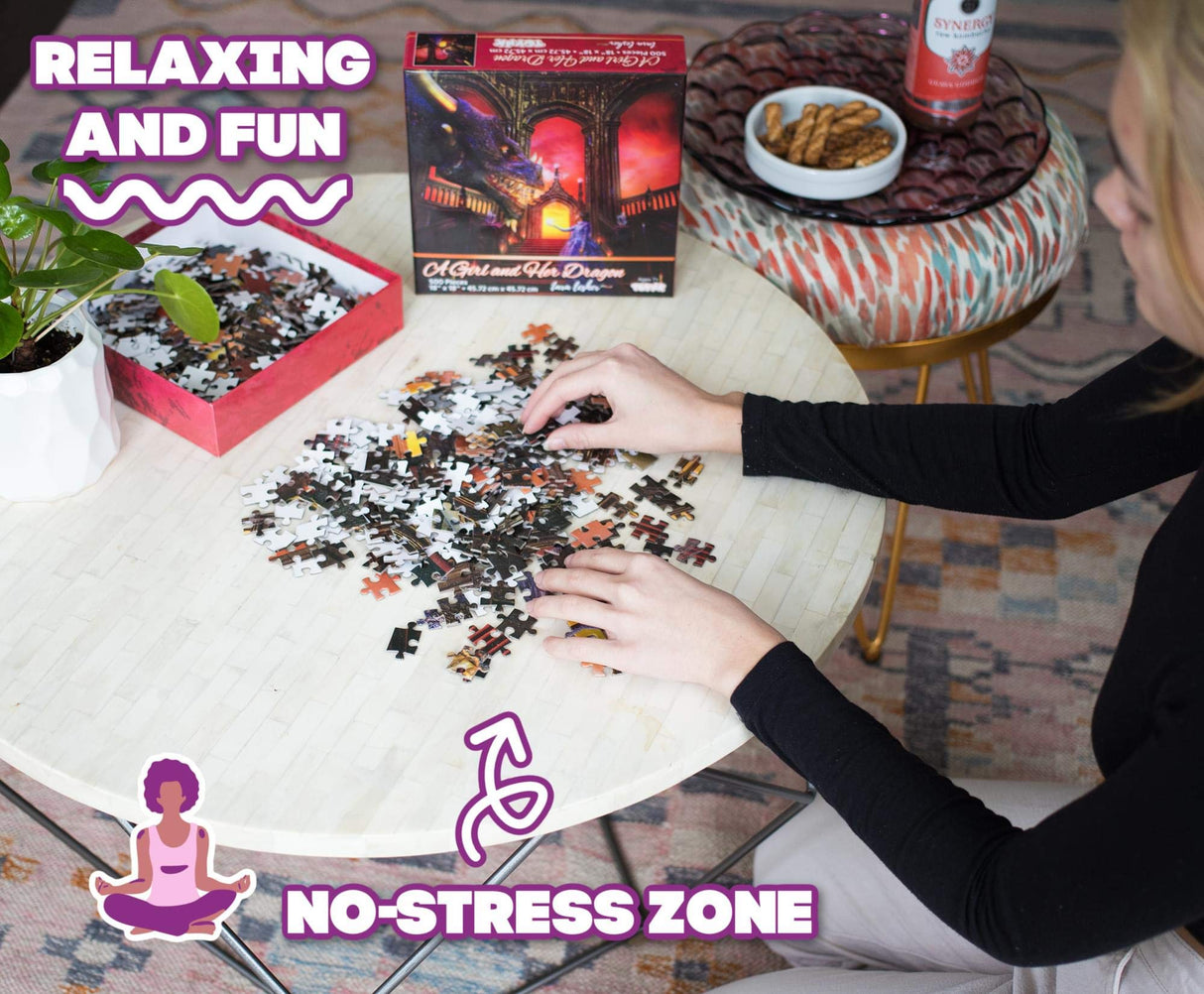 A Girl & Her Dragon Puzzle By Tara Lesher | Fairytale Castle 500 Piece Jigsaw Puzzle For Adults And Kids | Interactive Brain Teaser for Family Game Night | 18 x 18 Inches Toynk