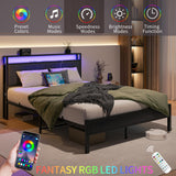 VECOCHO Queen Upholstered Bed Frame with Charging Station, LED Lights, and Headboard Storage - Dark Grey VECOCHO