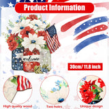 Spiareal 4th of July Welcome Door Decoration Farmhouse Patriotic Wooden Sign Rustic Independence Day Wood Wreaths Red White Blue Wall Decor American Flag Hanging Sign for Front Door Decorations Spiareal