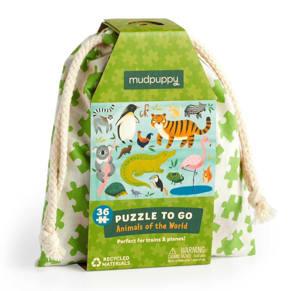 Mudpuppy Animals of The World to Go Puzzle, 36 Pieces – Great for Kids Ages 3+ - Perfect for Travel, Easy Clean-Up, Packaged in Secure, Reusable Fabric Bag Mudpuppy