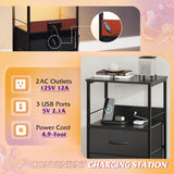 WLIVE Night Stand with Charger Station, Black Nightstand with 2 Fabric Drawers and Storage Shelf, LED Bedside Table, Bedroom Small End Tables with 3 USB Ports and 2 AC Outlets WLIVE