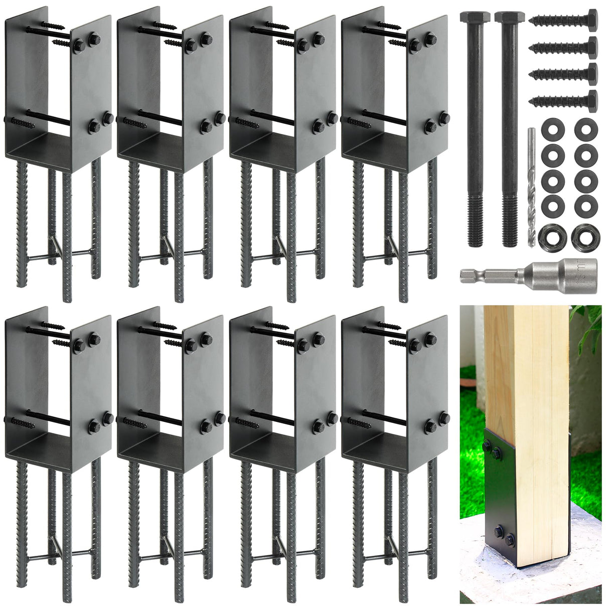 WOWACE 4"x4"(Actual 3.5"x3.5") Wet Concrete Foundation U-Shape Post Base Holder, for Fence, Deck, Gazebo and Other Post-Like Structure Pole Construction Ground Post Bracket Base (8pack-Dark Gray) WOWACE