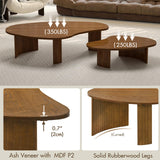 Hyfirm Walnut Nesting Coffee Table Set - 2-Piece Fluted Rubberwood Legs Living Room Center Furniture - MDF with Ash Veneer Irregular Oval Side Tables Hyfirm