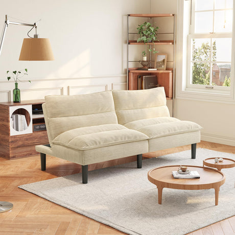 ONBRILL 64" Futon Sofa Bed, Corduroy Sofa Bed Couch with Adjustable Backrest, Convertible Loveseat Sleeper Sofa with Sturdy Wooden Legs, Comfy White Couches for Living Room, Bedroom, Office ONBRILL