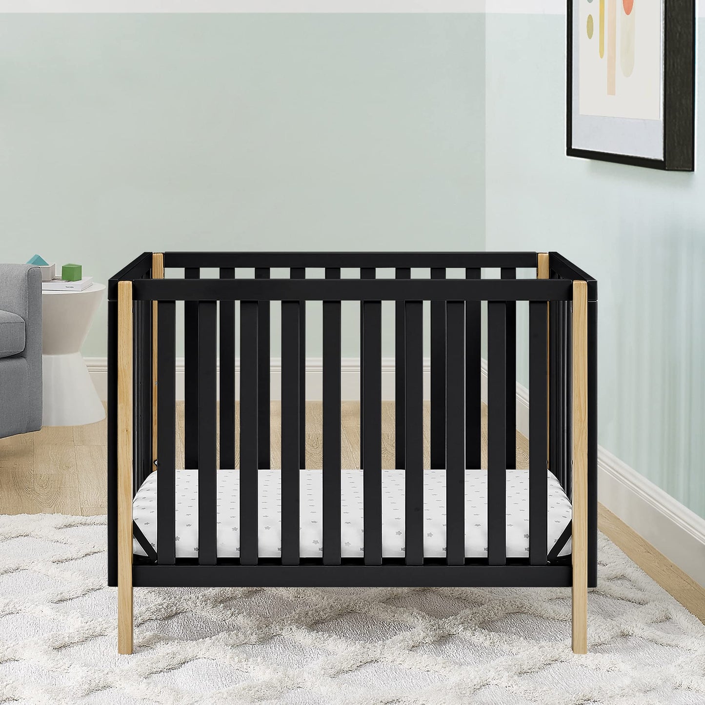 Delta Children Gio Mini Crib with 2.75" Mattress Included, Ebony/Natural - WoodArtSupply