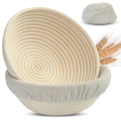 BakinTalk Banneton Bread Proofing Basket Set of 2, 9" Round Sourdough Banneton Baskets with Linen Liners, Premium Handmade Natural Indonesian Rattan, Bread Bowls for Rising and Baking