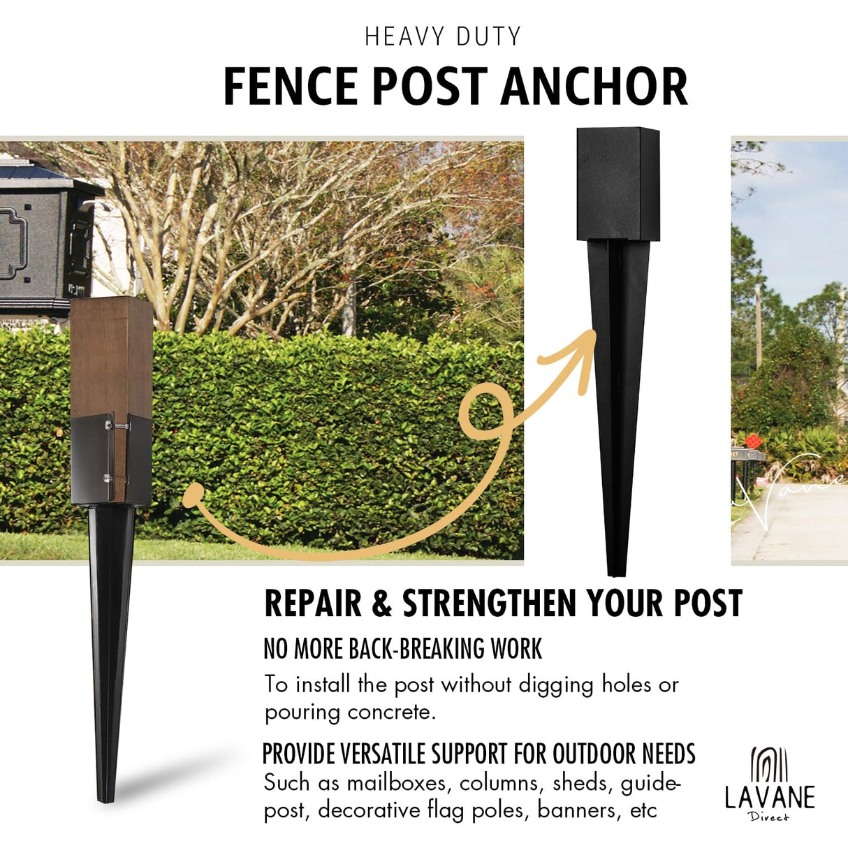 36 inch Fence Post Anchor Ground Spike, LAVANE Set of 4 Heavy Duty Metal Black Powder Coated Post Stake Support Base - Outer Dimension: 4"x4" (Fit 3.5"x3.5" Mailbox or Fence Post) La Vane