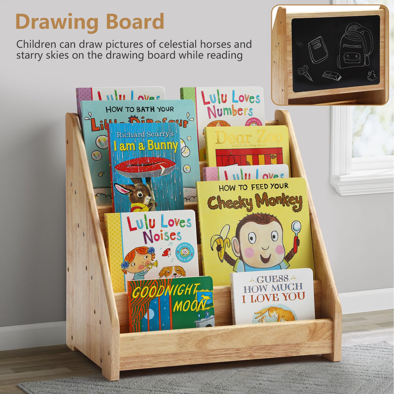 Nuoex 5-Tier Wooden Montessori Bookshelf with Chalkboard for Toddlers - WoodArtSupply