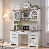 RedLemon 60" Farmhouse Desk with Hutch, Wood Home Office Executive Desk with Drawer, Charging Station, Keyboard Tray, File Drawer, Storage Cabinet, Rustic Writing Computer Desk (Antique White) RedLemon