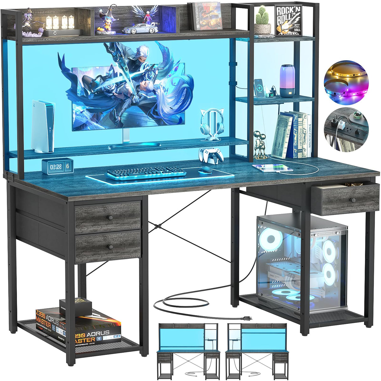 Aheaplus 47.2'' Black Oak Gaming Desk with LED Lights, Hutch, and Power Outlets Aheaplus