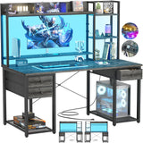 Aheaplus 47.2'' Black Oak Gaming Desk with LED Lights, Hutch, and Power Outlets Aheaplus