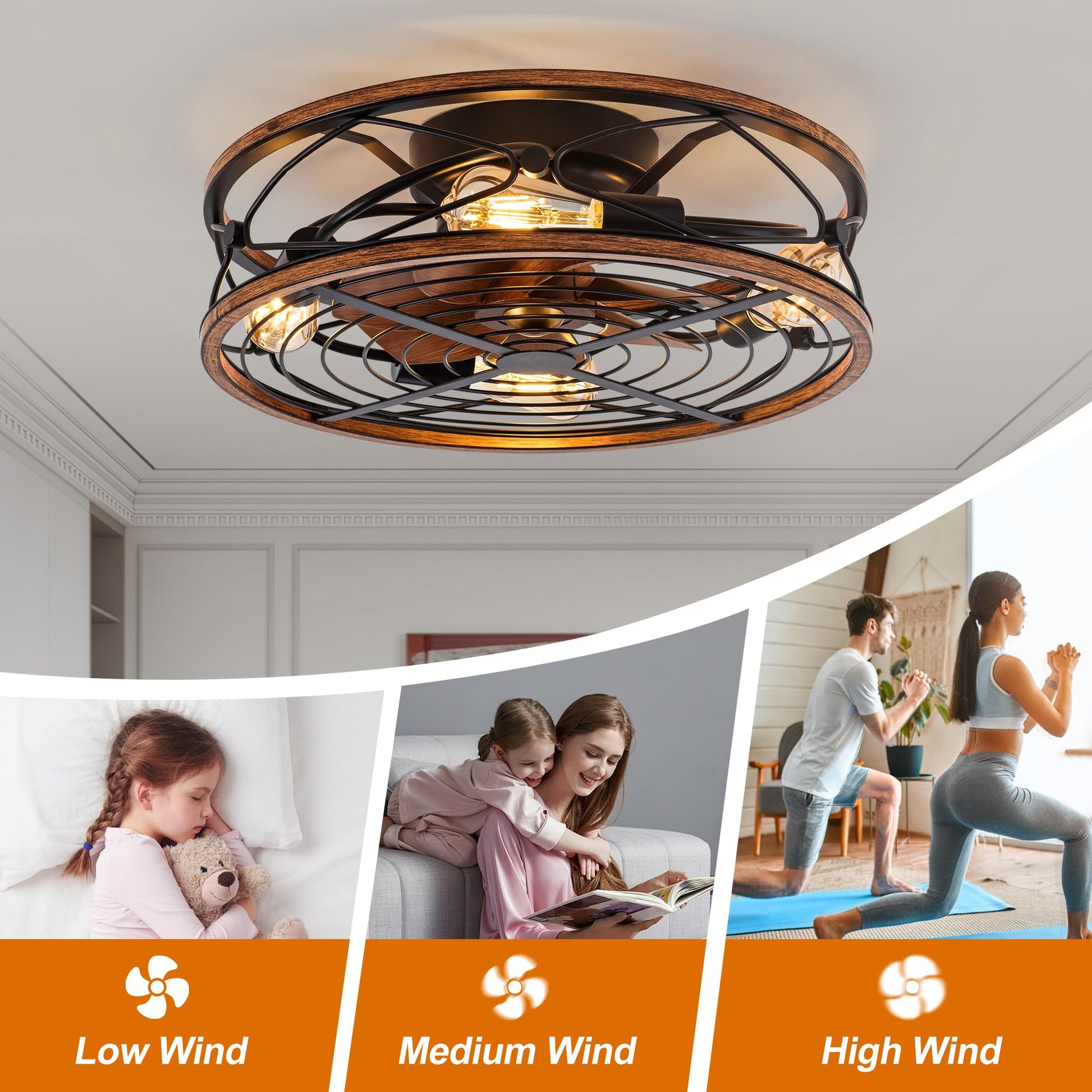 TIFEROR Caged Ceiling Fans with Lights, 20 in Bladeless Ceiling Fan with Remote Control, 3 Speeds Low Profile Modern Enclosed Ceiling Fans with Reversible Motor, Matte Black (5 E26 Bulb Inclu - WoodArtSupply