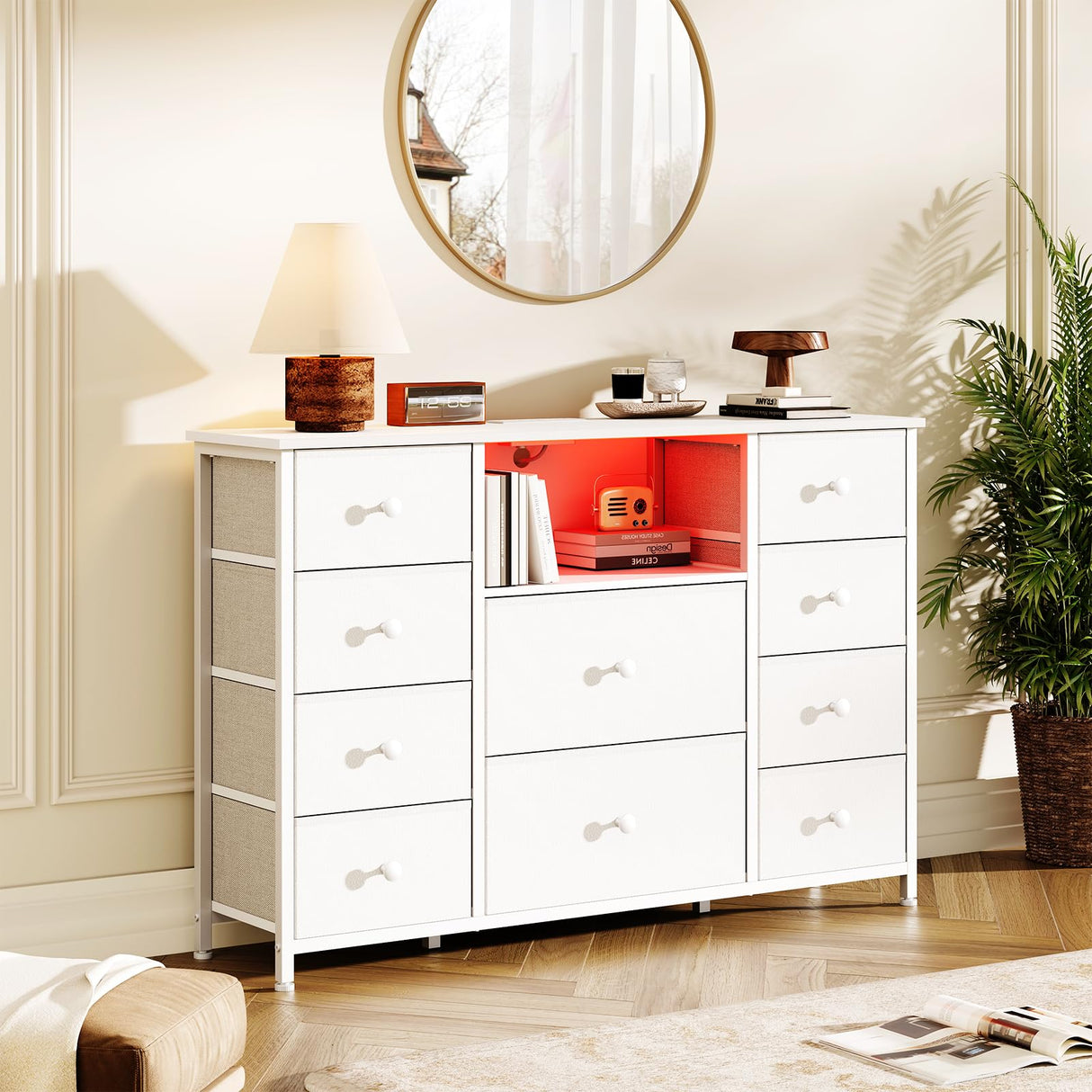 Dresser for Bedroom with 10 Drawers, White Storage Organizer TV Stand for 55" TV with LED Lights and Sockets, Fabric Chest of Drawers with PU Finish for Kid Room, Entryway, Living Room, Hallway LIWEIJIA