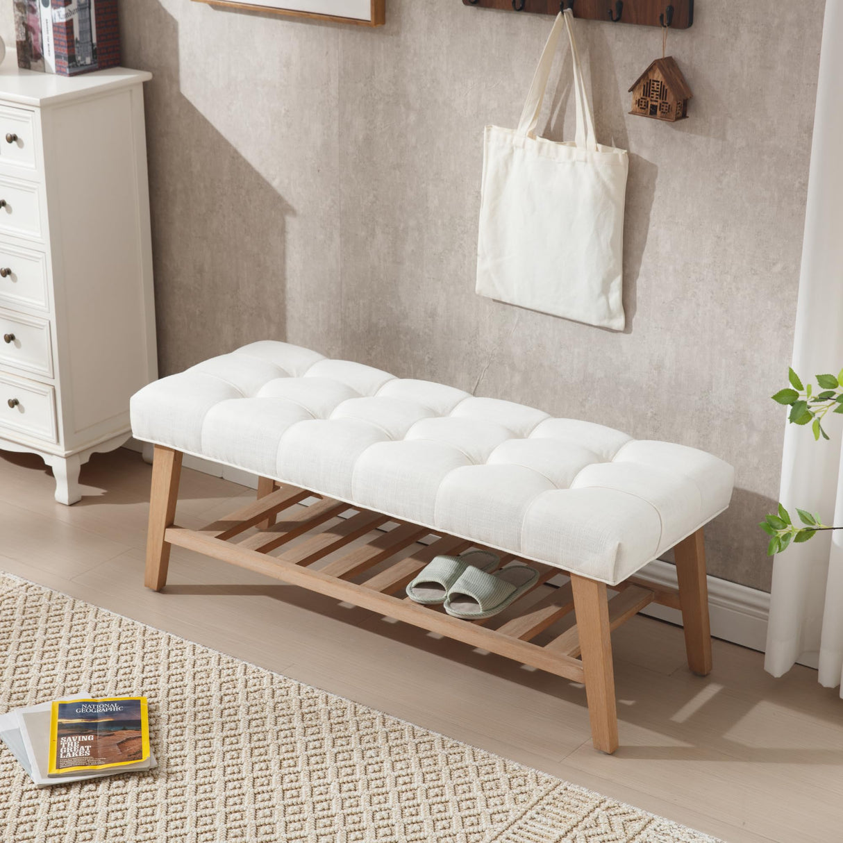 Kmax Entryway Bench with Shoe Storage, Upholstered Wood Storage Bench for Living Room Window Bench for Bedroom End of Bed - Linen, Beige Kmax