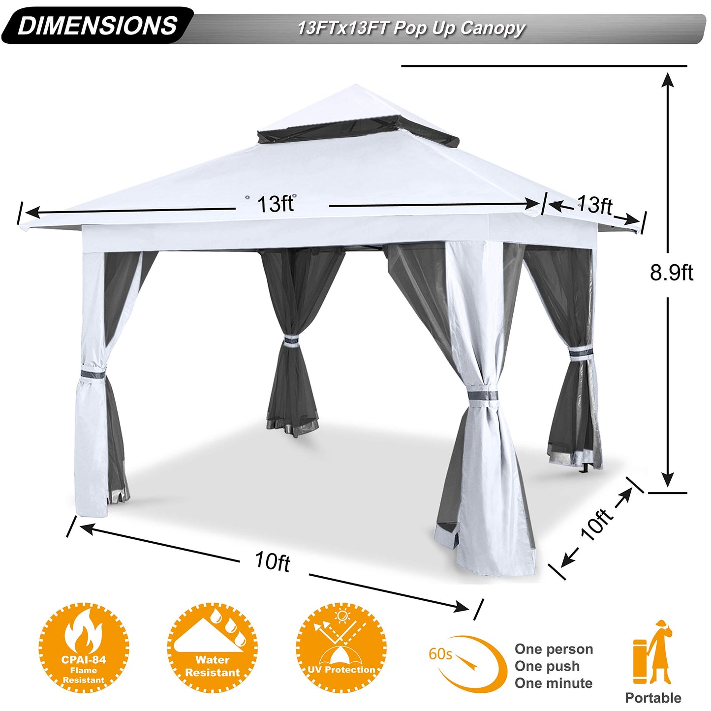 ABCCANOPY Pop Up Gazebo 13x13 - Outdoor Canopy Tent with Mosquito Netting for Patio Garden Backyard (White)