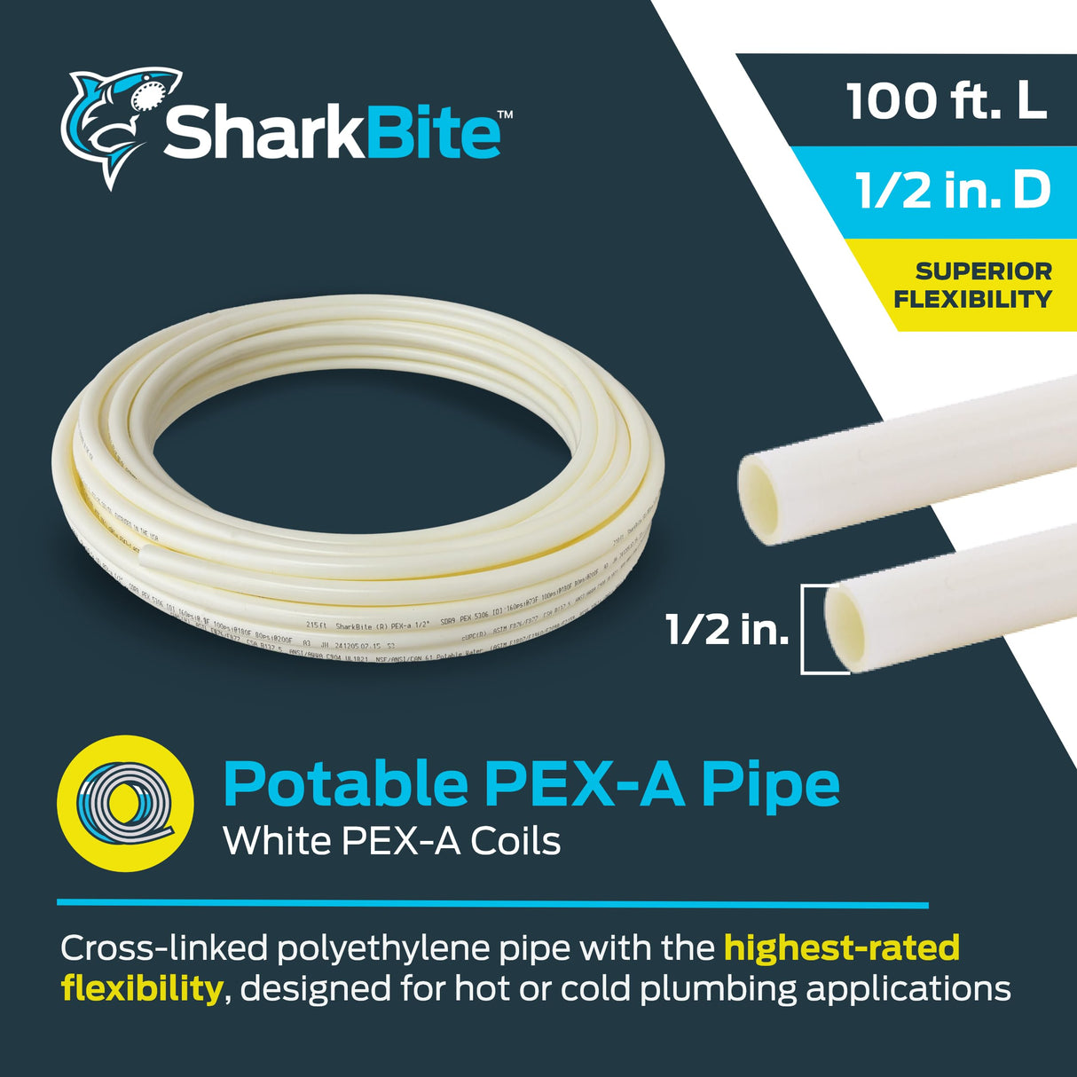 SharkBite 1/2 Inch x 100 Feet White PEX-A, PEX Pipe Flexible Water Tubing for Plumbing, UA60W100 SharkBite