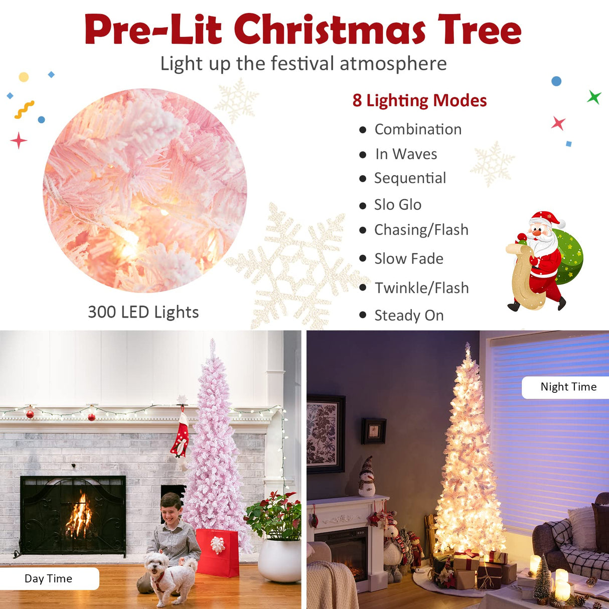 Goplus 7ft Pink Pre-Lit Pencil Christmas Tree, Snow Flocked Artificial Slim Tree with 800 Branch Tips, 300 LED Lights, 8 Lighting Modes, Life-Like Hinged Xmas Tree for Indoor Home Office Holiday Decor Goplus