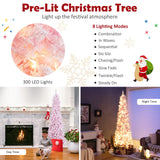 Goplus 7ft Pink Pre-Lit Pencil Christmas Tree, Snow Flocked Artificial Slim Tree with 800 Branch Tips, 300 LED Lights, 8 Lighting Modes, Life-Like Hinged Xmas Tree for Indoor Home Office Holiday Decor Goplus
