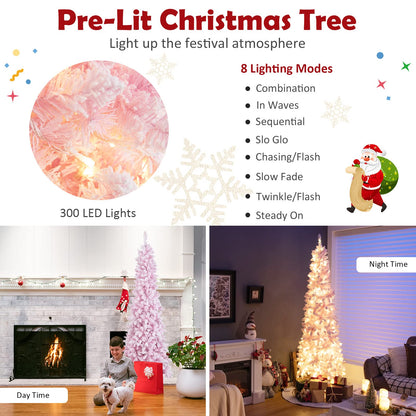 Goplus 7ft Pink Pre-Lit Pencil Christmas Tree, Snow Flocked Artificial Slim Tree with 800 Branch Tips, 300 LED Lights, 8 Lighting Modes, Life-Like Hinged Xmas Tree for Indoor Home Office Holiday Decor