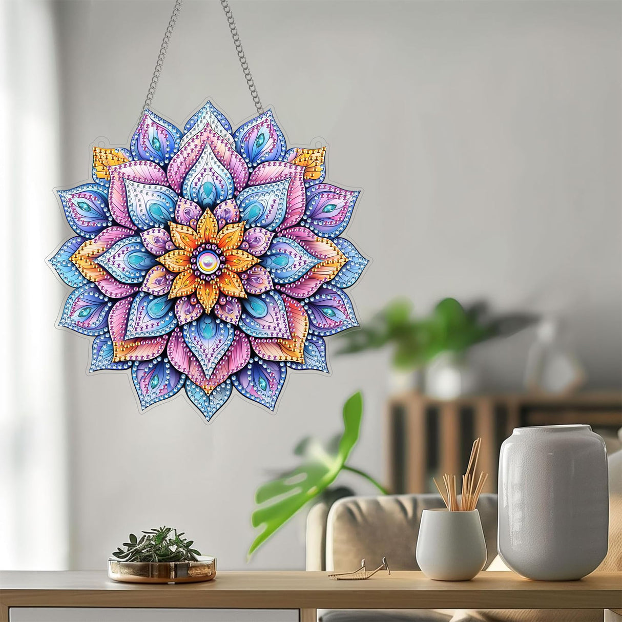 Bimkole Mandala Flower Diamond Art Hanging Kit for Adult, DIY 5D Diamond Art Window Pendant, Acrylic Crystal Art Hanging Ornament Home Wall Garden Front Door Sign Outdoor Decor 7.8x7.8 Inch Bimkole