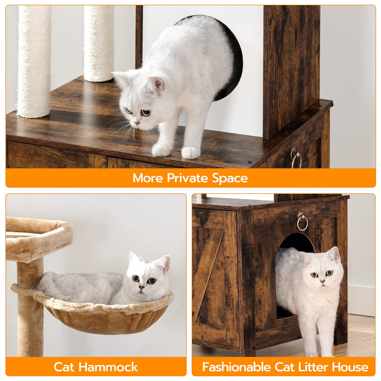 HOOBRO Cat Tree with Litter Box Enclosure for Indoor Cats, Wooden Cat Condo with Scratching Posts, Cat Litter Box Furniture Hidden, All-in-One Cat Toy with Cat House, Rustic Brown FG15MZ03 HOOBRO