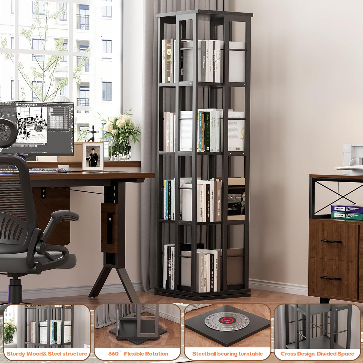 Aheaplus 360° Rotating Black Corner Bookshelf - Stylish Floor Standing Storage Rack for Small Spaces Aheaplus