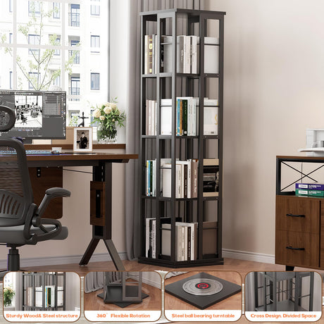 Aheaplus 360° Rotating Corner Bookshelf - Rustic Brown Floor Standing Organizer for Small Spaces Aheaplus